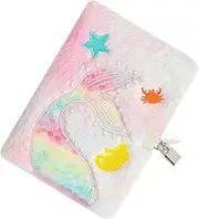 DOITOOL Mermaid Tail Fluffy Notebook with Lock Cute Diary Journal Plush Cover Cartoon Design Portable Secret Diary for for Birthdays