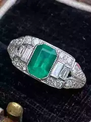 Art Deco Style Lab Created Diamond & Emerald Wedding 14k White Gold Finish Ring