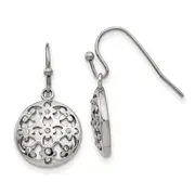 Stainless Steel Polished W/Cz Circle W/Flowers Shepherd Hook Earrings