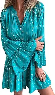 [Generic] Fit and Flare Long Sleeve Dress Casual V Neck Polka Dot Mini Dress Spring Summer Loose Pleated Long Sleeve Tunic for Women Part for Women Plus Size