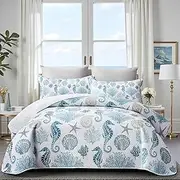 Coastal Bedding King Size Coastal Quilt with 2 Shams, Nautical Bedding Beach Comforter Sets Ocean Bedspreads Blue Seahorse Coverlet Summer Bedding, 96''x106''