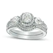5.0mm Lab-Created White Sapphire and 0.17 CT. T.W. Diamond Frame Bridal Engagement Ring Set in Sterling Silver