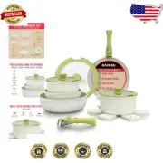 Bakken 15-Piece Granite Non-Stick Cookware Set - Detachable Handles, Green/Cream