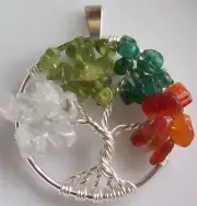 Tree of Life Necklace Pendant Four Seasons Wire Wrapped Silver Gemstones 1.5"