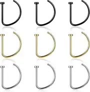 [Telooco] 9Pcs Type D Fake Piercing Clip18G 10mm Multicolor Fake Nose Rings Hoops on Nose Lip Earrings Stud Stainless Steel Double Hoop Faux Septum Nose Rings for Women Men Ideal Gift, Stainless Steel,