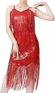 [IWEMEK] Sparkly Sequin Salsa Latin Dance Dress for Women Tassel Fringe Flapper Dresses Cami Rumba Samba Ballroom Dance Costume