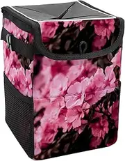 Car Trash Can with Lid and Storage Pockets Leak-Proof Organizer,Waterproof Garbage Can,Blooming Blossom Pink Flower