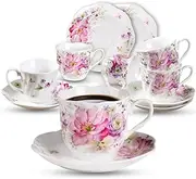 Guangyang 2.8OZ Espresso Coffee Cup Set of 6 - Floral Porcelain 80 ML Cups and Saucers Set- Fine Bone China Espresso, Coffee Cups and Saucers Set for Specialty Coffee Drinks, Latte, Cafe Mocha