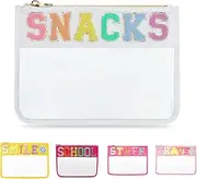 Chenille Letter Bag Clear Makeup Pouch Travel Toiletry Storage Bag Preppy Patch Zipper Snack Bags Stuff Waterproof Cute Glitter Purse Cosmetic Pouch for Women and Teen Girls (White Snack)