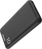 PHILIPS 10000mAh Power Bank 5V/2.1A with Dual USB A and USB-C Input, Slim Compact Reliable Charger Battery Pack - Fast Charging Universal Power Bank for Apple Samsung, Black DLP1810NB