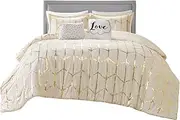 Intelligent Design Raina Full/Queen Comforter Set, Soft Microfiber Comforter Set Queen, Modern Geometric Metallic Bed Set, 5 Pieces College Bedding Comforter Set with 2 Shams, 2 Toss Pillows Ivory