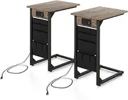 Giantex C Shaped End Table Set of 2, Sofa Side Table with Charging Station & Side Storage Bag, Metal Frame Couch Snack Table with 2 Outlets & 2 USB Ports, Bedside Table for Small Space, Rustic Brown