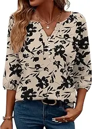 [Micoson] Womens 3/4 Sleeve Tops Dressy Casual V Neck Chiffon Work Blouses Loose Fit Business Button Down Shirts