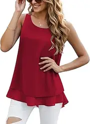 [YGJIEGENG] Women's Sleeveless Chiffon Tank Tops Double Layers Casual Blouse Tunic, Wine Red, XXL