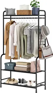 Portable Metal Clothing Rack with Shelves and Mesh Sides - Black