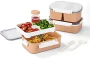 [Lille Home] 3-Pack Salad Food Storage Containers, 3800ml Bento Boxes, with Lids and Removable Trays, Fork and Spoon, for Lunches, Salads, Snacks & Fruits (Pink)
