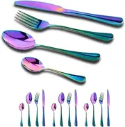 VEHGAL 16 Pcs Rainbow Stainless Steel Cutlery Set of 4 Teaspoons,4 Dinner Spoons and 4 Forks,Flatware Utensils Set for Dining Table, Kitchen, Home,Restaurant