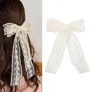 Lace Hair Bows for Women Bow Hair Clips Lace Ribbon Hair Clip Hair Bow Barrettes for Women Large Bowknot Hair Clip White Lace Ribbon Hair Bow Accessories for Wedding Prom Party
