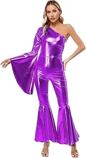 [Hedmy] Women Shiny Metallic Bell-Bottom Jumpsuit 70s Disco Retro Hippie Dance Costume Nightclub Party Outfits