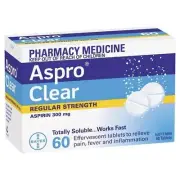 ASPRO CLEAR 300MG ASPIRIN 60 EFFERVESCENT TABS HEADACHE MIGRAINE