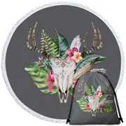 Tropical Flowers and Leaves Deer Skull Round Beach Towel
