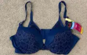 Maidenform Push up and In Bra DM9900 Womens Size 38B Blue Lace Gold Padded