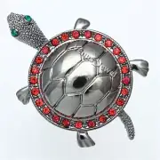 Gunmetal Turtle Tortoise Red Ring Emerald Green Eyes Crystal Brooch Pin B1092