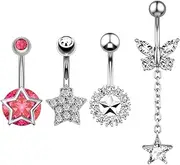 [Niaspi] 4Pcs 14G Sparkling Star Belly Button Rings for Women Stainless Steel CZ Rhinestone Star Dangle Belly Navel Rings Curved Navel Barbell Cute Body Piercing Jewelry, 20g, Stainless Steel, no