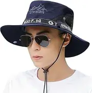 [CLSQLXYJZC] Outdoor Men's Sun Hat, Summer Sunscreen Shade Adjustable Chin Strap Quick Drying Big Brim Fisherman Hat, for Fishing Breathable Mesh Safari Boonie Bush Hat (Color : Blue)