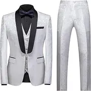 [Zylphorix] Mens 3 Piece Floral Jacquard 1 Button Print Dinner Tuxedos Suit Classic Blazer Vest Pants Prom Wedding Set