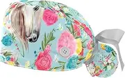 [WOSHJIUK] Working Hat 2 Pack Scrub Caps for Women,Horse Pink Flower Flamingo,Tie Back Cap Adjustable Scrub Hat