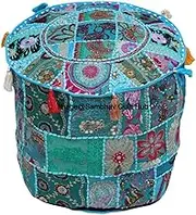 IIndian Round Patchwork Embroidered Ottoman Pouf Bohemian Indian Decorative Patchwork Ottoman Pouf, Handmade Ottomen,Cotton Chair Cover,Home Living Room Vintage Pouf (18X13 inch)