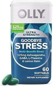 OLLY Ultra Strength Goodbye Stress Softgels, GABA, Ashwagandha, L-Theanine and Lemon Balm, Stress Relief Supplement - 60 Count (Packaging May Vary)