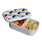 Lunch Box Food Container Picnic Authentic Wood Strap Cutlery Zigzag Blue Orange