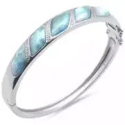 Natural Larimar & CZ .925 Sterling Silver Bangle Bracelet