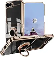 [BORYA] Ultra Thin Case for Samsung Galaxy Z Flip6 (Flip 6), Shockproof Mobile Phone Case, TPU Bumper Soft Silicone Protective Case with Electroplating Gold Edge, 360° Ring Stand, Black