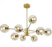 Gold Sputnik Chandelier for Dining Room,Modern Glass Globe Pendant Light Adjustable Height E27 Bulb Glass Shade Chandelier for Kitchen Living Room Dining Room Bedroom(8 Lights, Amber)