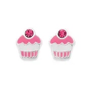 Silver Pink Enamel & Crystal Cupcake Studs in Pink