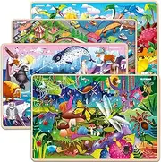 QUOKKA Kids Toys Puzzles Ages 4 5 6 in a Bag – 4 x 60 Pieces Wooden Jigsaw Puzzles for Children 8 Year Old - Educational Toys for Learning Animals Dinosaurs and City - Boy and Girl