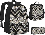 [ERCgad] Black White Tan Zigzag Print Canvas 3-In-1 School Bags Set Backpack Lunch Bag Pencil Case Combo For Men Women, Black, One Size