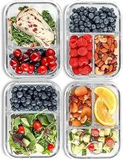 2 & 3 Compartment Glass Meal Prep Containers [4 Pack, 30 oz] - Food Storage Containers with Lids, BPA Free Food Prep Containers, Bento Box, Lunch Box, Portion Control, Airtight