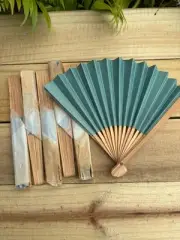 Doll Fan Wood And Aqua Color Paper 6 Pcs. Old Store Stock Packaged