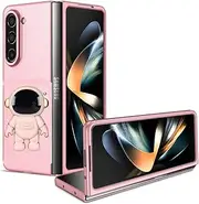 for Samsung Galaxy Z Fold 5 Case Cute Hidden Astronaut Stand,Galaxy Fold 5 Case Frosted PC Back Soft Silicone Bumper,Fold 5 Phone Case Folding Bracket Shockproof Cover for Samsung Z Fold 5 (Pink)