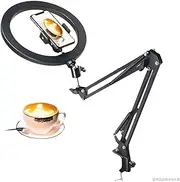 Overhead Camera Mount, Selfie Ring Light and Phone Holder, 10" LED Ring Light for Desk with Stand and Remote for iPhone,Dimmable LED Desk Ring Light for Video Recording, Vlog