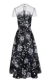 [Naeem Khan] Floral Sequin Lace Short Sleeve Cocktail Dress
