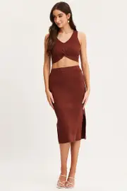Brown Knit Skirt Midi Side Split - Size L, Women's Midi Bodycon