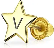 [Bling Jewelry] Personalized Initial Letter Minimalist Alphabet Tiny Celestial USA Patriotic Rock Star Threader or Helix Cartilage Ear Lobe Stud Earrings For Women Real Yellow Gold