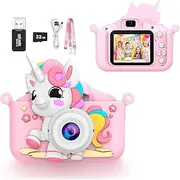 Kids Toy Camera, Digital Camera for Toddlers, Portable Digital Camera with Video, for Boys and Girls Aged 3-12, Christmas Birthday Kids, with 32G SD Card and USB Reader (Pink Unicorn)