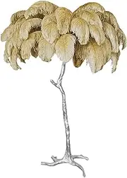 Ostrich Feather Floor Lamp, Silver Resin Base, 3 Colours Dimmable, E14 LED, Foot Switch,Camel,80x75cm/32x30in (Desk lamp)