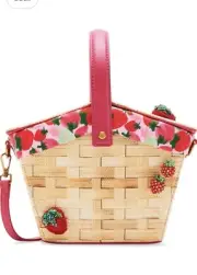 Betsey Johnson Fruity Strawberry Picnic Basket Wicker Crossbody Purse New